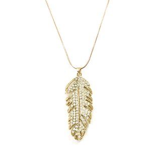 Gold Crystal Feather Pendant Necklace